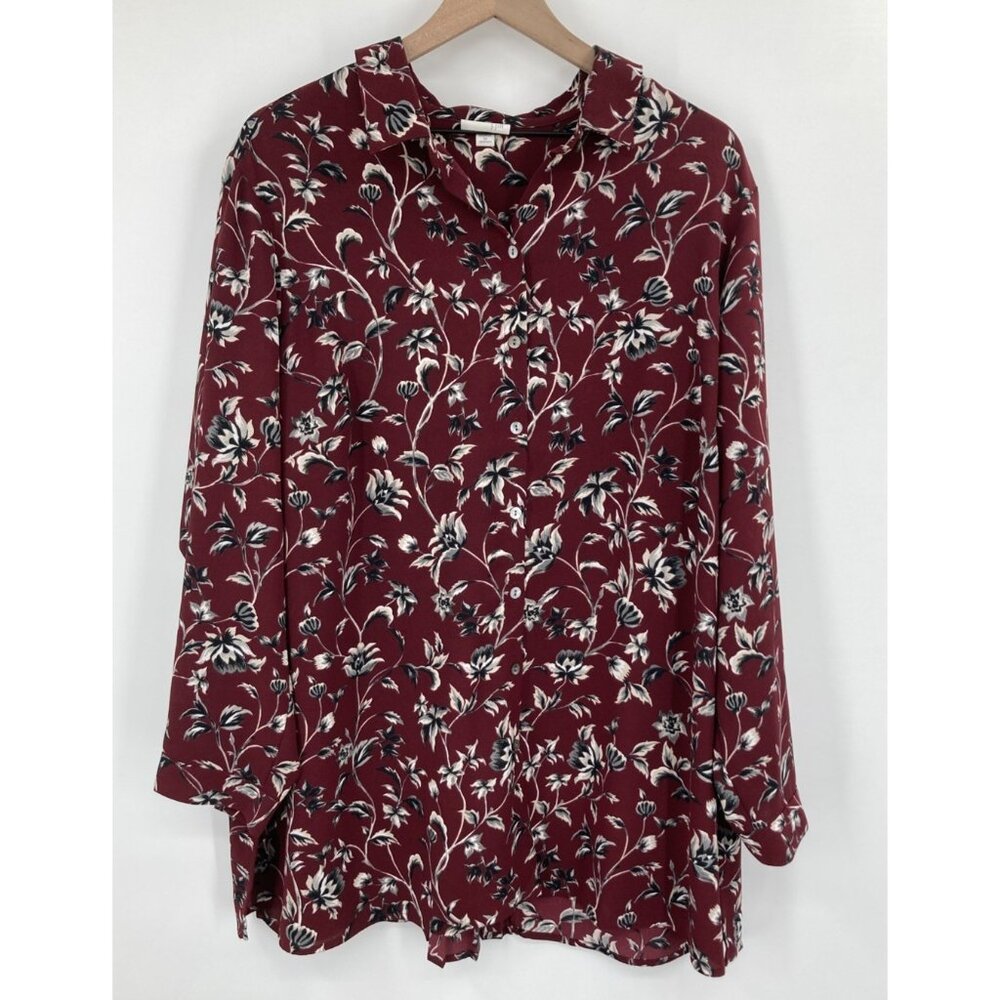 J jill Floral Button Up Blouse Women 2XL Burgundy Long Sleeves Collared